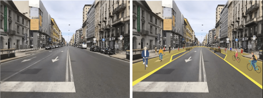 Plans for Corso Buenos Aires before and after the Strade Aperte project.
