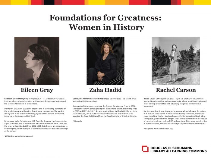 Poster for "Foundations of Greatness: Women in History," honoring Eileen Gray, Zaha Hadid, and Rachel Carson.