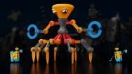 Orange, spiderlike robot with blue claw hands, flanked on each side by tiny yellow robots.
