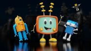 From left to right: an orange dome-headed robot with a compartment in its torso; a robot resembling a television with a smiley face and dials; a blue robot resembling a dog; a tiny flying robot with black triangular wings