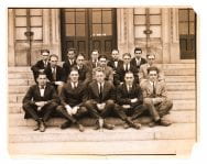 Class photograph of the Foundry Management senior class of 1924, on the steps of Wentworth Hall.
