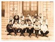 Class photograph of the Pattern Making senior class of 1923, on the steps of Wentworth Hall.