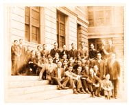 Class photograph of the Printing senior class of 1926, on the steps of Wentworth Hall.