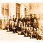 Class photograph of the Steam & Electrical Engineering senior class of 1927, on the steps of Wentworth Hall.