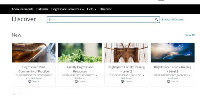 D2L Discover screen showing tiles of training materials