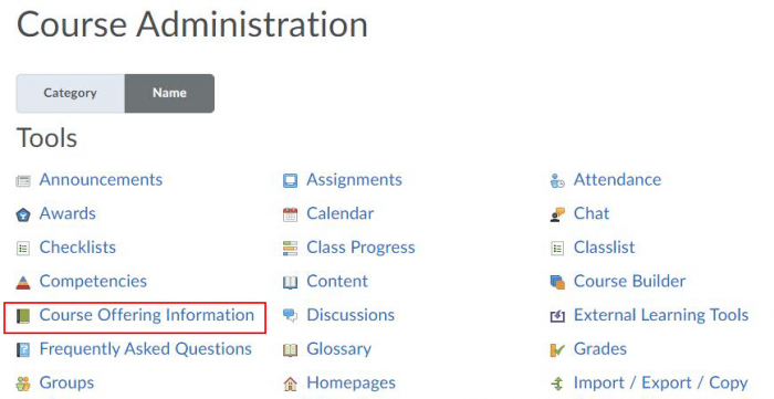 Course Admin Page sorted by name with course offerings information highlighted