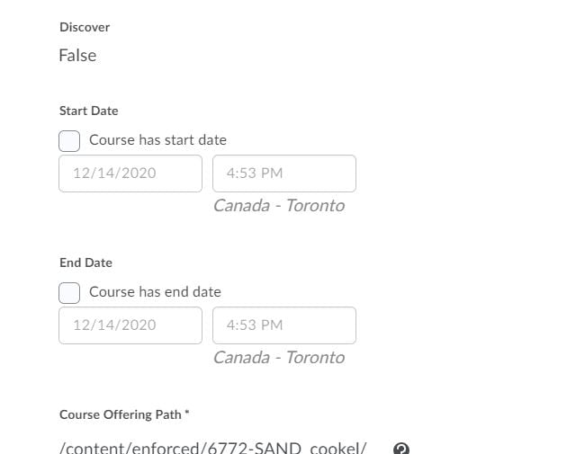 Course Offering Information page showing start and end dates fields