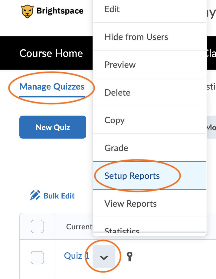 In the manage quiz tool, click the manage quiz option. Find the title of the quiz and click the arrow next to the title. From the menu option choose view reports.