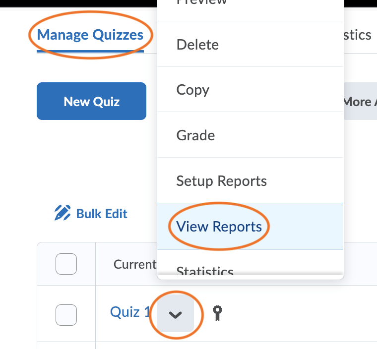 In the manage quiz tool, click the arrow next to the quiz title.  From the menu, click View reports