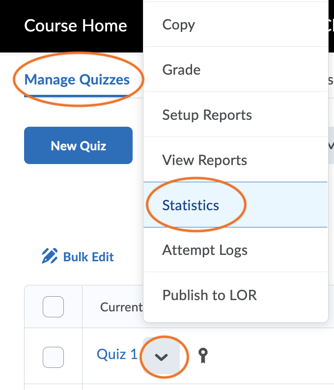 On the manage quizzes page, click the arrow next to the quiz title and from the drop down menu select Statistics.