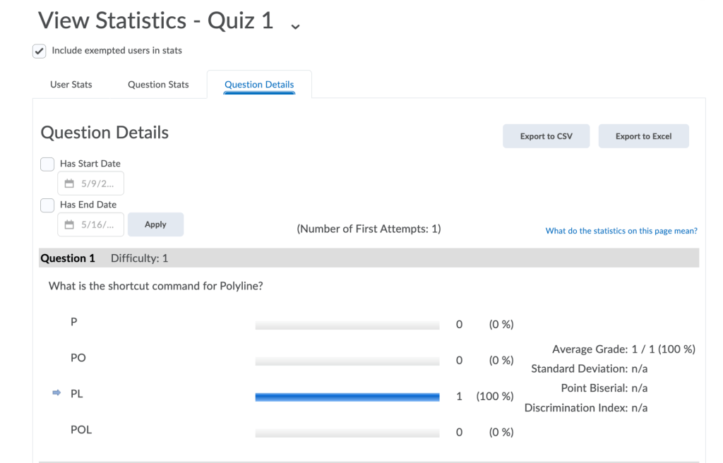 On the view statistics page, click the question details to see the average for each individual question and the answer the learners chose.