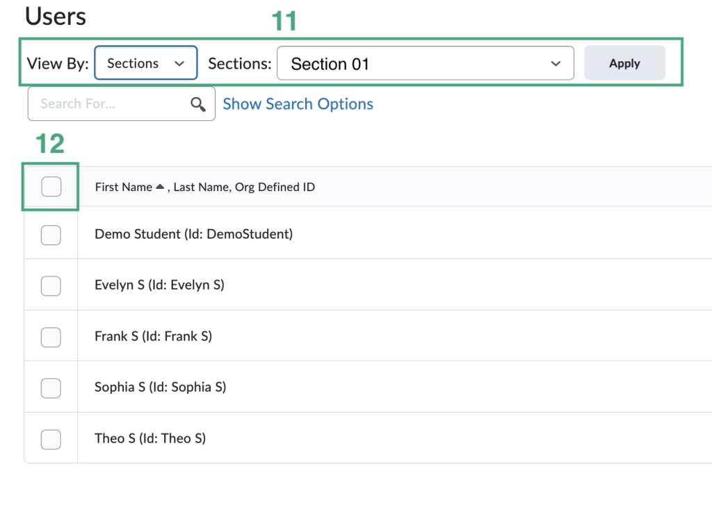 Image of user options to access a specific section with a list of learners