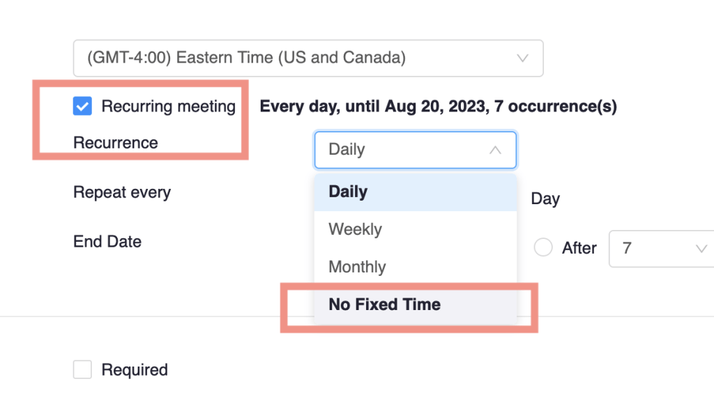 Showing recurring meeting options in Zoom.