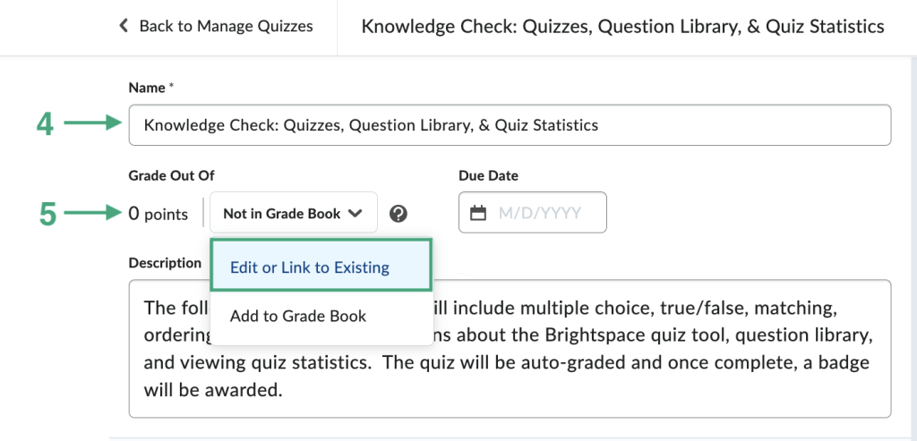 Image of the edit quiz properties page.