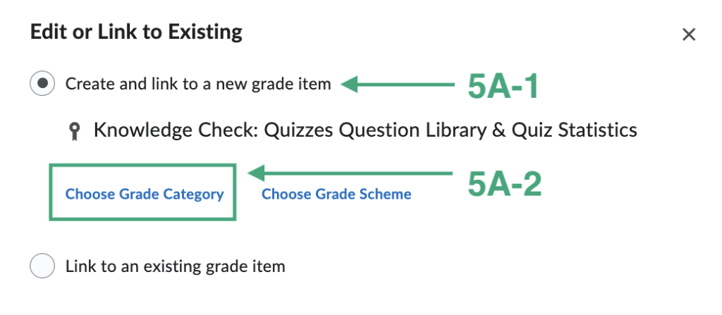 Image of linking quiz to grade book with new grade item.