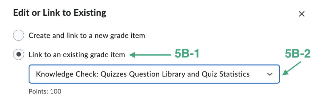 Image of linking quiz to grade book with existing grade item.