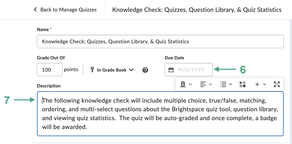 Image of the edit quiz page to add instructions and date.