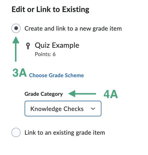 Image of the create and link to a new grade item with category options.