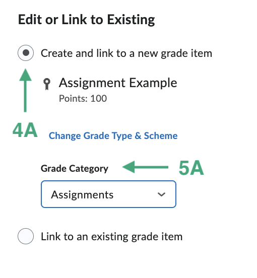 Image of the edit or link to existing options for create a new grade item.