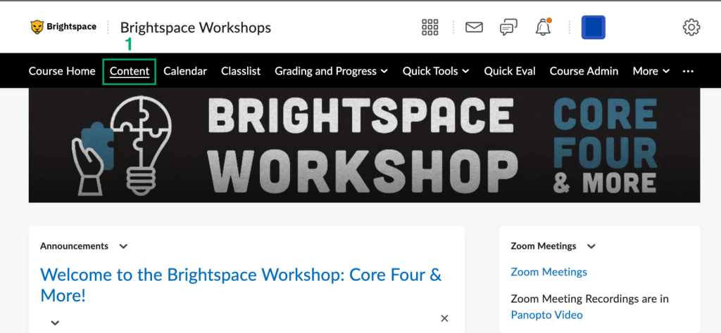 Image of brightspace course home to access content page.