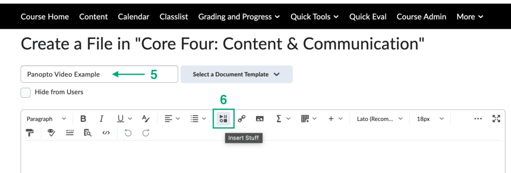 Image of brightspace create a file to access the insert stuff button.