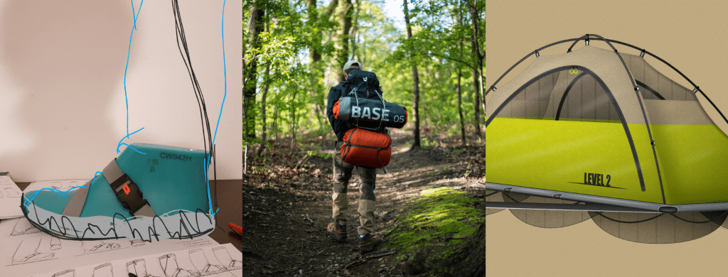 three images of a boot, backpack and tent
